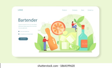 Banner web o página de inicio de Bartender. Barman preparando bebidas alcohólicas con agitador en el bar. Bar con barra y cócteles. Ilustración vectorial plana aislada