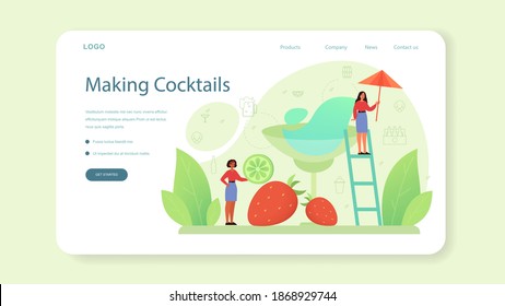 Bartender web banner or landing page. Barman preparing alcoholic drinks with shaker at bar. Bartender standing at bar counter, mixing cocktail. Isolated flat vector illustration