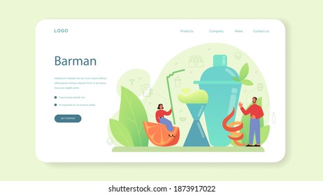 Banner web o página de inicio de Bartender. Barman preparando bebidas alcohólicas con agitador en el bar. Bar con barra y cócteles. Ilustración vectorial plana aislada
