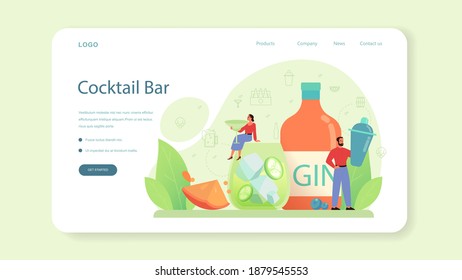 Bartender web banner or landing page. Barman preparing alcoholic drinks with shaker at bar. Bartender standing at bar counter, mixing cocktail. Isolated flat vector illustration