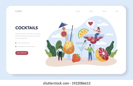 Bartender web banner or landing page. Barman preparing alcoholic drinks with shaker at bar. Bartender standing at bar counter, mixing cocktail. Isolated flat vector illustration