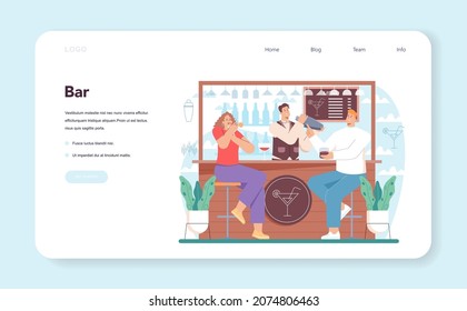 Bartender Web-Banner oder Landing-Seite. Barman bereitet alkoholische Getränke mit Shaker an der Bar zu. Bartender an der Theke, Mischung von Cocktails. Einzelne flache Vektorgrafik