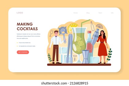 Bartender web banner or landing page. Barman preparing alcoholic drinks with shaker at bar. Barkeeper standing at bar counter, mixing cocktails. Isolated flat vector illustration