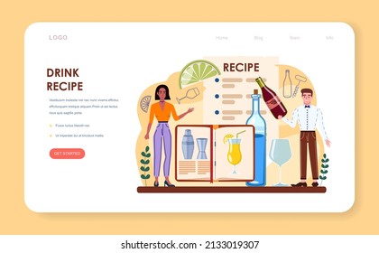 Bartender web banner or landing page. Barman preparing alcoholic drinks with shaker at bar. Barkeeper standing at bar counter, mixing cocktails. Isolated flat vector illustration