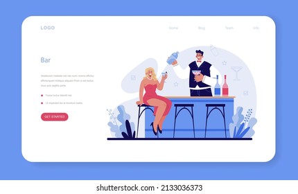 Bartender web banner or landing page. Barman preparing alcoholic drinks with shaker at bar. Bartender standing at bar counter, mixing cocktails. Isolated flat vector illustration