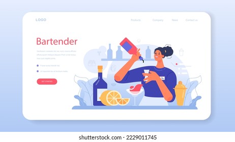 Banner web o página de inicio de Bartender. Barman preparando bebidas alcohólicas con agitador. El portero de la barra del bar mezcla cócteles. Ilustración vectorial plana