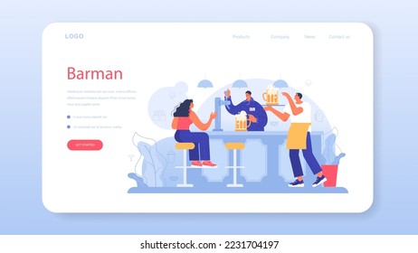 Bartender web banner or landing page. Barman preparing alcoholic drinks with shaker. Barkeeper standing at bar counter, mixing cocktails. Flat vector illustration