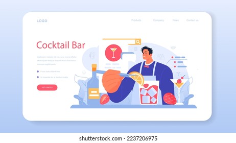 Bartender web banner or landing page. Barman preparing alcoholic drinks with shaker. Barkeeper standing at bar counter, mixing cocktails. Flat vector illustration