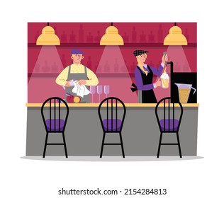 Bartender Woman Pouring Beer And Man Wiping Glasses With Towel, Bar Counter Flat Vector Illustration. Waiters And Barmen Working Together In Teamwork. Pub Table With Chairs.