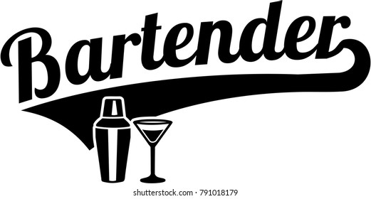 Bartender word retro style with shaker and glass