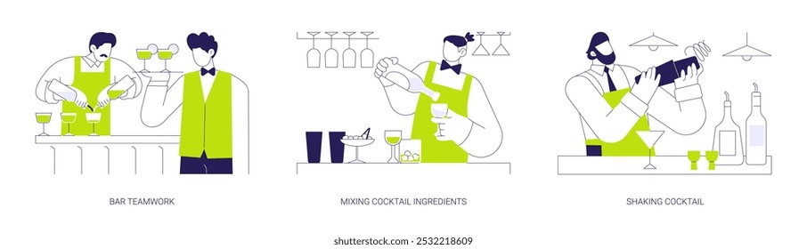 Bartender work abstract concept vector illustration set. Bar teamwork, mixing cocktail ingredients, shaking cocktail, mojito preparation, waiter holding tray, restaurant staff abstract metaphor.