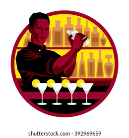 Bartender at work, making cocktails at night club, vector icon illustration