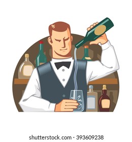 Bartender At Work, Making Cocktails At Night Club, Vector Icon Illustration