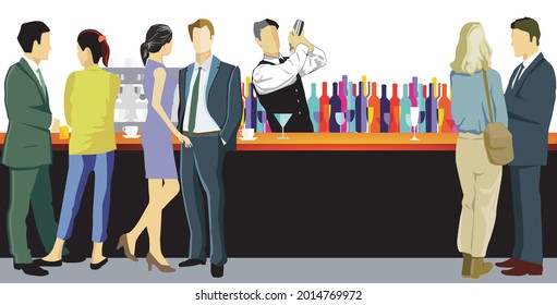 
Bartender with young adults at the bar counter