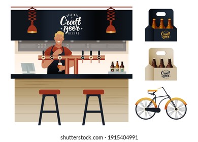 Bartender. Young Man in Apron Pouring Beer from a Beer Tower. Bar Counter. Cardboard Box with Craft Beer. Bicycle. Modern Vector Illustration. Social Media Ads. 