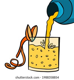 bartender's bottle pouring a drink into a drink glass decorated with fruits, simple cartoon vector illustration isolated on white background.