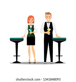 Bartenders couple with cocktails and bar chairs isolated on white background. Bartender with cocktail alcohol, chair for pub and barman illustration