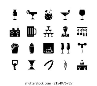 Bartenders Day flat line icons set. Barman, barkeeper, Bartender stuff and accessory. Simple flat vector illustration for web site or mobile app.