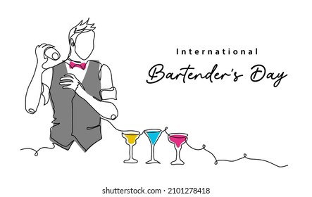 Bartenders Day simple vector illustration. Barman or barista job minimal background, banner, poster. One continuous line art drawing for international bartenders day celebration.