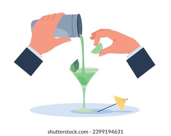 Bartenders hands are preparing cocktail. Hand hold lime and bar shaker with cold drink. Professional bartender working. Male barman mixing alcohol, Cartoon flat isolated vector concept