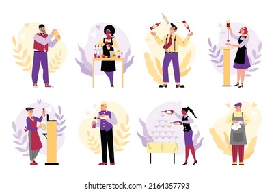 Bartenders mixing and pouring drinks in the bar, flat vector illustration isolated on white background. Set of cartoon characters of men and women working as barkeepers. Process of cocktails making.