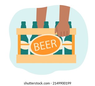 Bartenders or workers hands holding case with beer green bottles. Man carrying wooden box with alcohol drink flat vector illustration. Brewery concept for banner, website design or landing web page