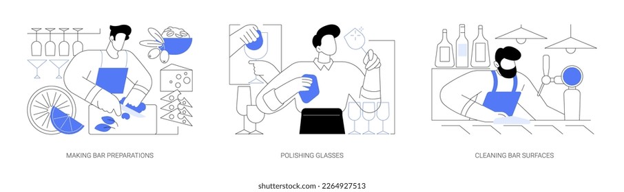 Bartending abstract concept vector illustration set. Making bar preparations, polishing glasses, cleaning bar surfaces and tables, cutting fruit and prepare mint, horeca business abstract metaphor.