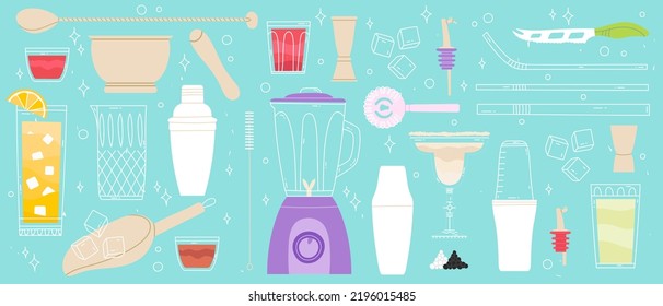 Stangengerät. Handgezeichnet, Vektorgrafik, hell. Barman Barmann-Bartender-AusstattungsHintergrund mit einer Reihe isolierter Küchengeschirr für Kochgeschirr mit Eiscocktail-Zutaten Vektorgrafik
