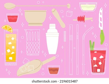 Equipo de barras. Ilustración inteligente del vector dibujado a mano. Fondo de equipo de camarero de barman con conjunto de utensilios de cocina aislados para cocina con ingredientes de coctelería de hielo ilustración vectorial
