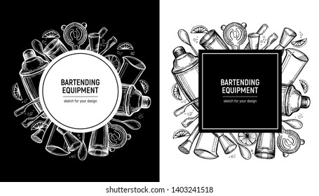 Bartending label set. Poster or template for menu. Handdrawn sketch. Area for text