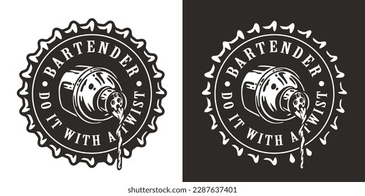 Bartending logo or bartender design with beer cap and cocktail shaker for bar print of barman.