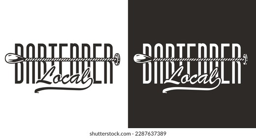 Bartending logo or design print with bar spoon for bartender. Chromed metal muddler spoon or cocktail tool for barman.