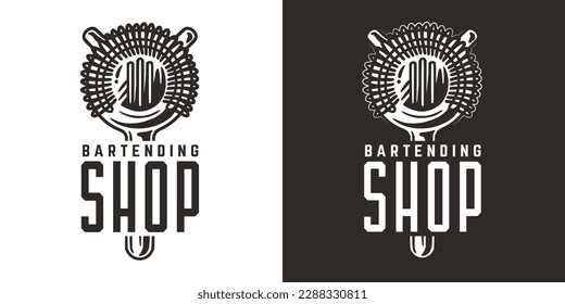 Bartending logo with strainer for shop or store. Bartender design with chromed metal equipment or cocktail bar tool for barman.