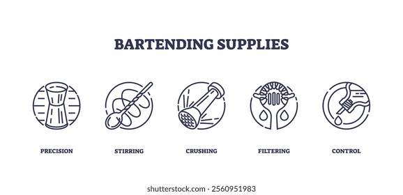 Bartending supplies icons depict tools like jigger, muddler, and strainer for precision and control. Outline icons set.