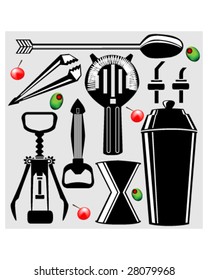 Bartending Tools in Vector silhouette - corkscrew, shaker, strainer, bottle opener, stirrer, olive, and cherry