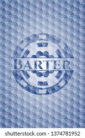 Barter blue emblem with geometric pattern background.