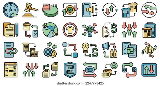 Barter icons set outline vector. Agriculture change. Meeting trade color flat