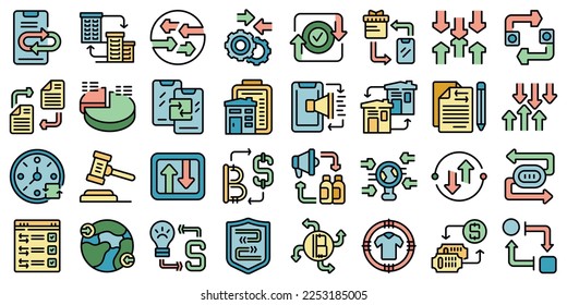 Barter icons set outline vector. Agriculture change. Meeting trade color line flat isolated on white