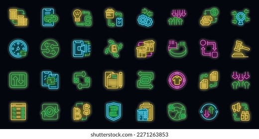 Los iconos de barras establecen el vector de contorno. Cambio agrícola. Encontrar color de neón comercial en negro