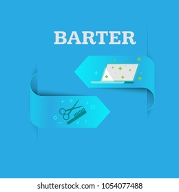 Barter. A natural exchange of food for furniture. One good turn deserves another. Computer repair for a haircut. Vector flat.