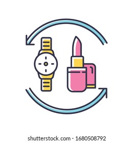 Barter RGB color icon. Swap products. Marketing strategy. Economic deal with goods. Exchange beauty and fashion items. Commerce circulation. Market anad consumption. Isolated vector illustration