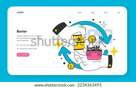 Barter system web banner or landing page. Economical exchange between people. Trading goods or services without the use of money Flat vector illustration