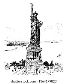 Bartholdi's Statue of Liberty in New York, Bartholdi completed the head and the torch bearing the arm before the statue was fully designed vintage line drawing.