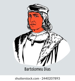 Bartolomeu Dias is a Portuguese navigator in search of a sea route to India. Hand drawn vector illustration