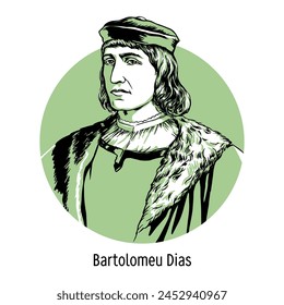 Bartolomeu Dias was a Portuguese navigator who discovered the Cape of Good Hope and sailed into the Indian Ocean. Hand-drawn vector illustration