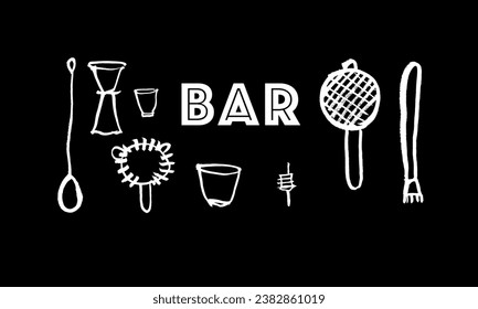 Barware, vector set. Hand drawing, sketch, doodle, calligraphy. Cafe, restaurant, bar, cocktail, alcohol, wine. White on black. Eps10