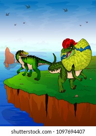 Baryonyx and dilophosaurus on the background of the sea.