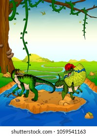 Baryonyx and dilophosaurus on the background of a waterfall.