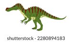 Baryonyx dinosaur, green childish dino, animal with red stripes on back, cartoon character. Vector prehistoric lizard, Baryonyx kids baby toy