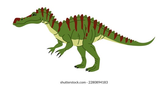 Baryonyx dinosaur, green childish dino, animal with red stripes on back, cartoon character. Vector prehistoric lizard, Baryonyx kids baby toy